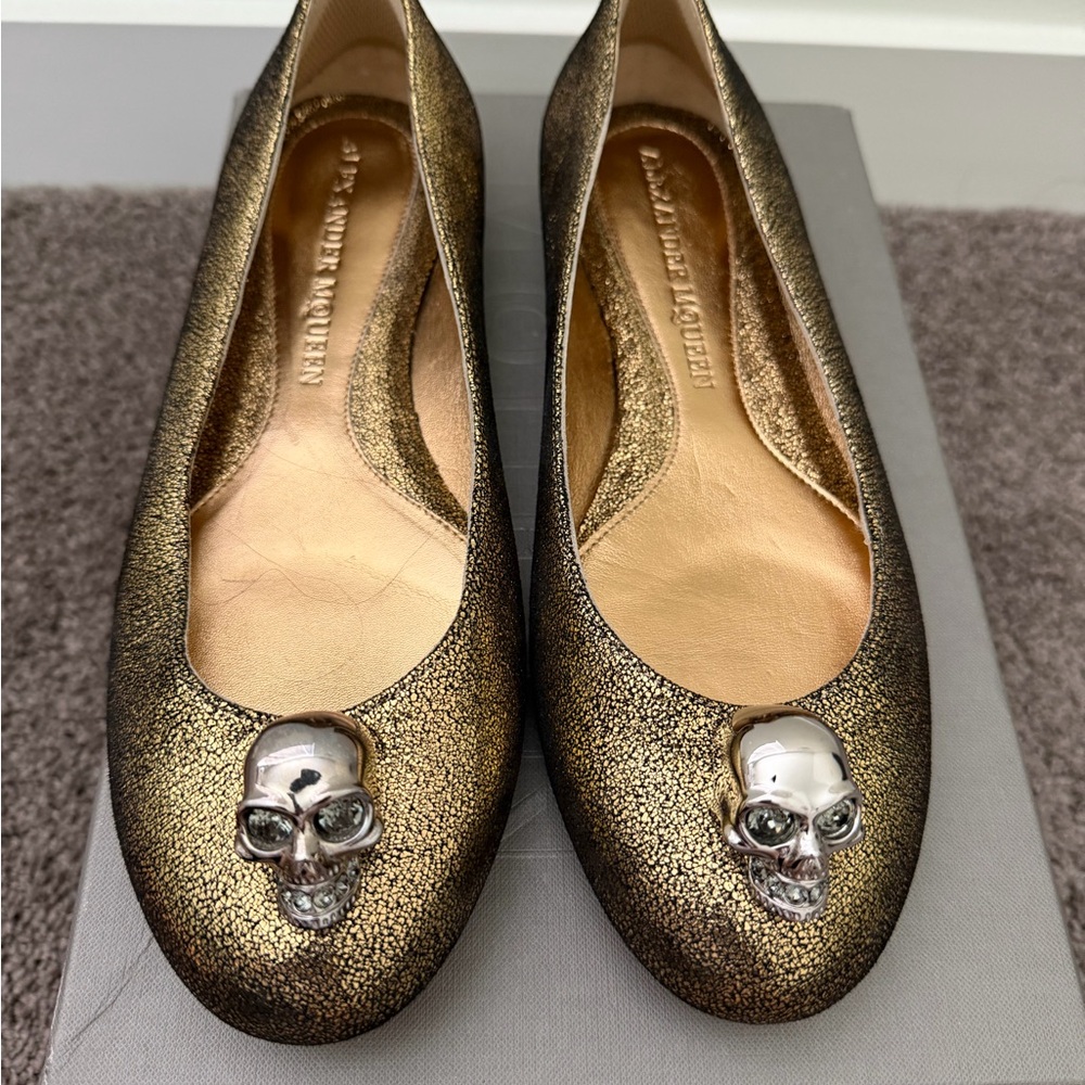 Alexander McQueen Metallic Gold Flats with Silver Skull